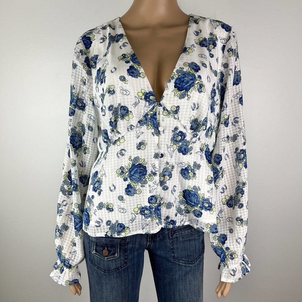 Modcloth Blue Floral Boho Bell Sleeve Top